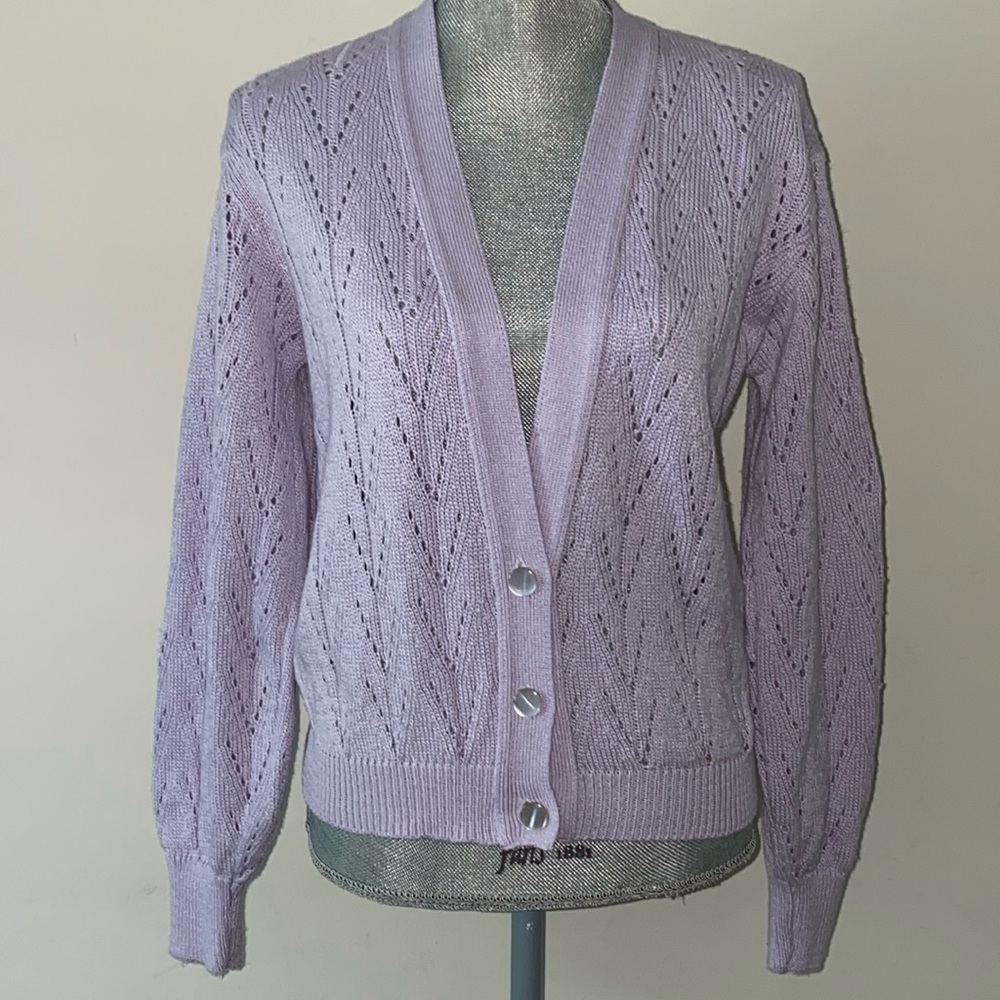 Coquette V Neck Pointelle Knit Cardigan Sweater Lavender Size S